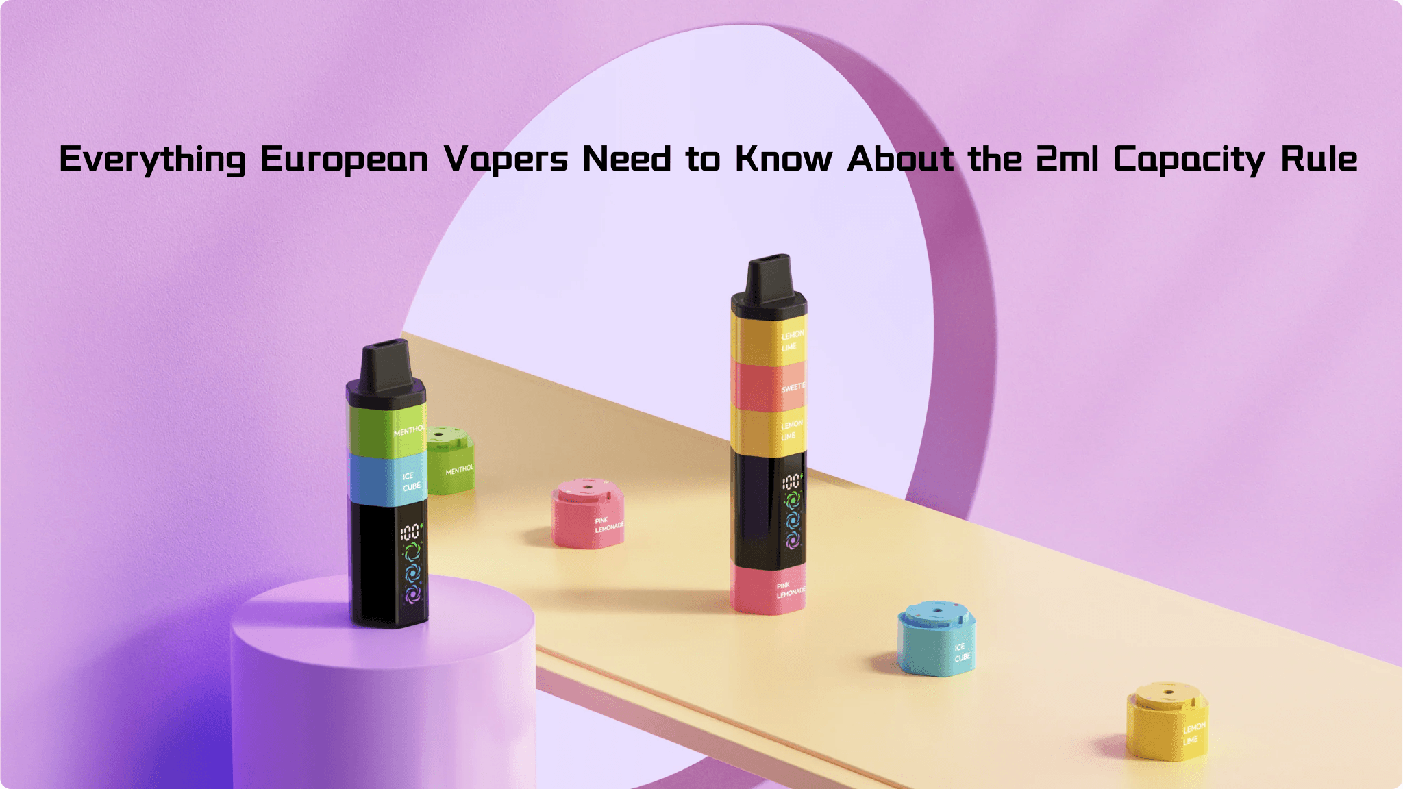 A display of ZOFO Vape products and modular pods on a minimalist platform with the text 'Everything European Vapers Need to Know About the 2ml Capacity Rule'.