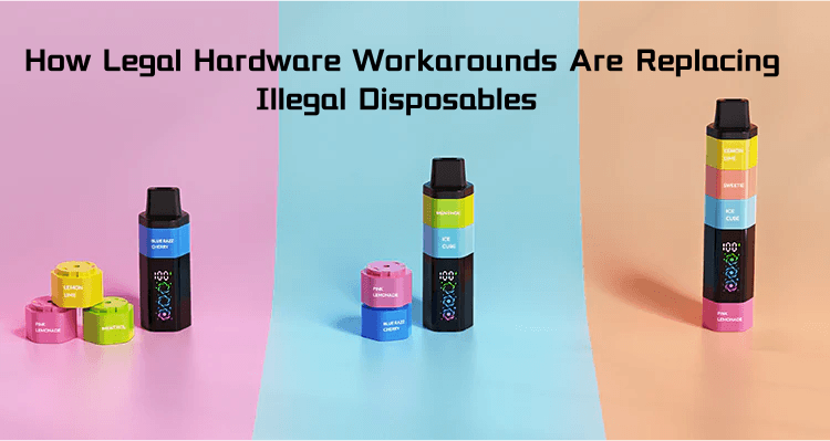 ZOFO Vape modular devices replacing illegal disposables, with 'How Legal Hardware Workarounds Are Replacing Illegal Disposables' text on a pink, blue, and coral background.