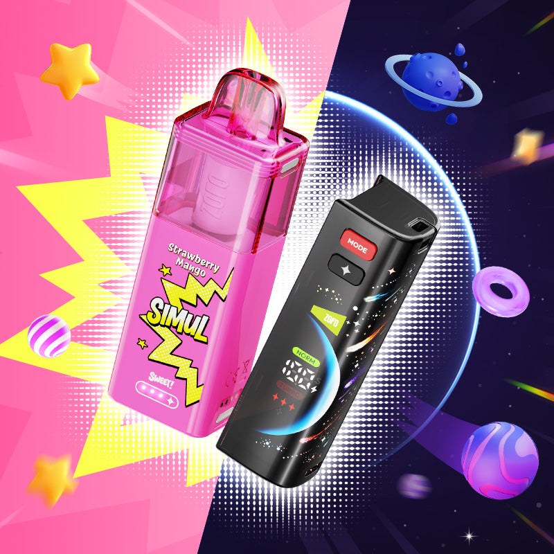 SIMUL vape with 3D curved screen displaying puff and flavor settings