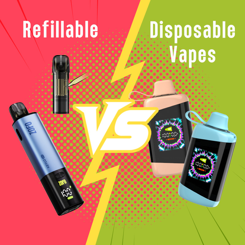 Refillable vs disposable vapes comparison showing reusable vape device and disposable vape with cost, convenience, and lifespan differences